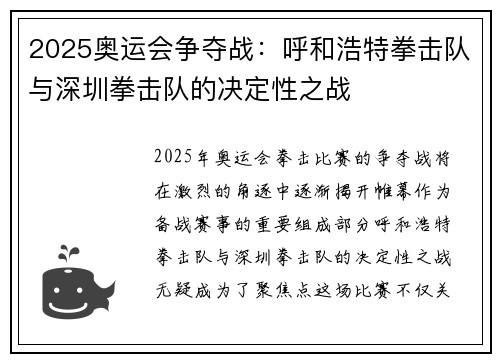 2025奥运会争夺战：呼和浩特拳击队与深圳拳击队的决定性之战