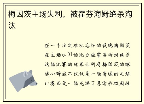 梅因茨主场失利，被霍芬海姆绝杀淘汰
