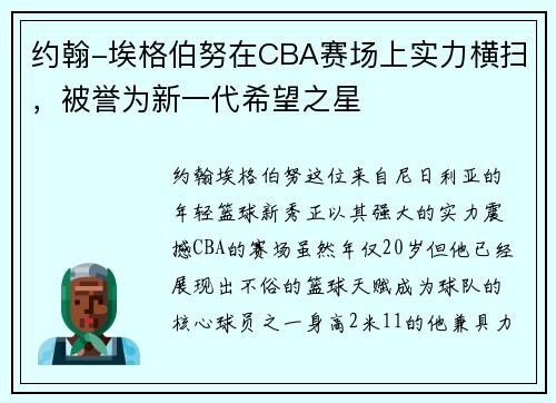 约翰-埃格伯努在CBA赛场上实力横扫，被誉为新一代希望之星